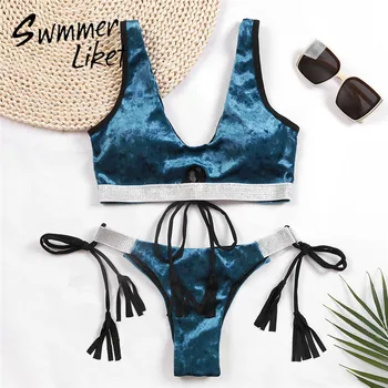 

Velvet bikinis 2020 mujer Bandeau swimsuit women Shiny swimwear female Tassel bathing suit Patchwork bikini Knot swim suit new