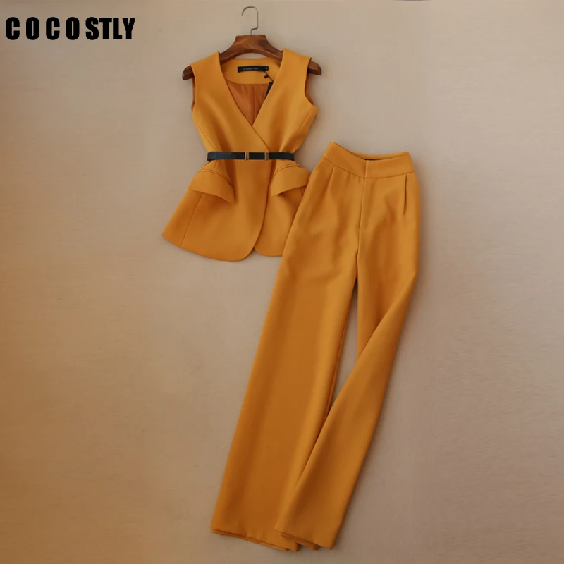 

Set female autumn pant suits women OL temperament V-neck vest + high waist straight wide leg pants elegant two-piece women suits