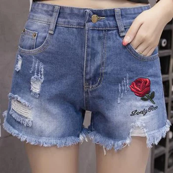 

Beauty Rose Flower Embroidery Jeans Short Ripped Jeans For Women High Rise Push Up Jeans Woman Causal Tassel Short Jeans
