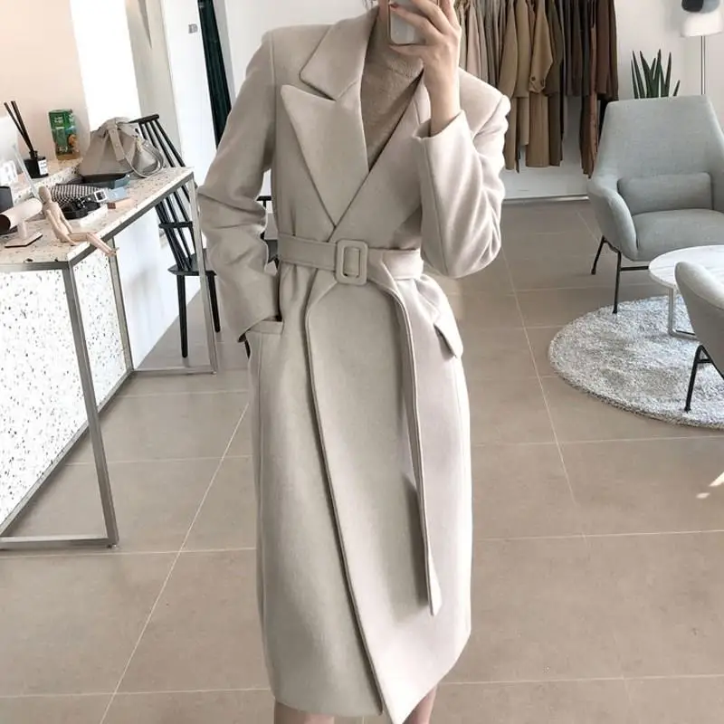 

2019 Women Long Blends Overcoats Wool Winter Long Sleeve Coats Loose Plus Size Cardigans With Belt Solid Coats