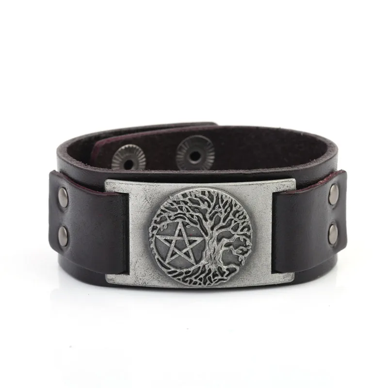 brown-silver Skyrim Винтаж Дерево жизни Wicca пентаграмма Yggdrasil пентаграмма Натуральная кожа браслет Звезда Давида талисман для мужчин ювелирные изделия - Окраска металла: brown-silver