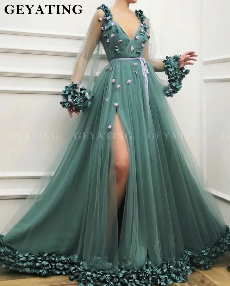 Same as picture Арабское длинное вечернее платье с пышными рукавами сбоку, с глубоким v-образным вырезом, 3D цветочным рисунком, длинные платья для выпускного вечера, женские вечерние платья - Цвет: Same as picture