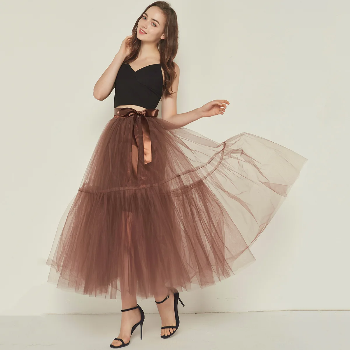 

2020 new Chiffon Ball Gown midi summer skirt for women High waist harajuku clothes England Style Solid Bow tulle skirts womens