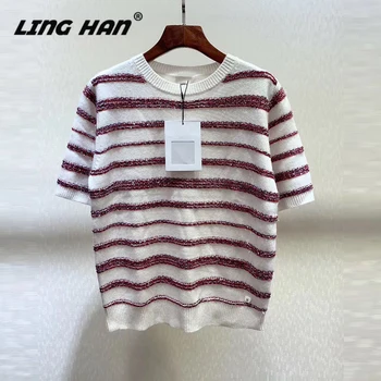 

Linghan Fashion Contrasting Colors Striped Pullovers Sweater Casual Long Sleeve Cashmere Sweater Coat Designer Spring New
