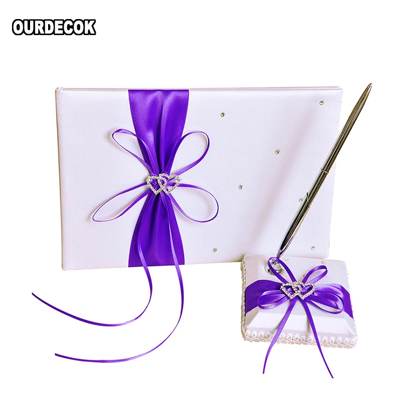 2Pcs/set Wedding Satin Signature Book Pen Set Rhinestone Bowknot Pearl decor Wedding Party Products Supply