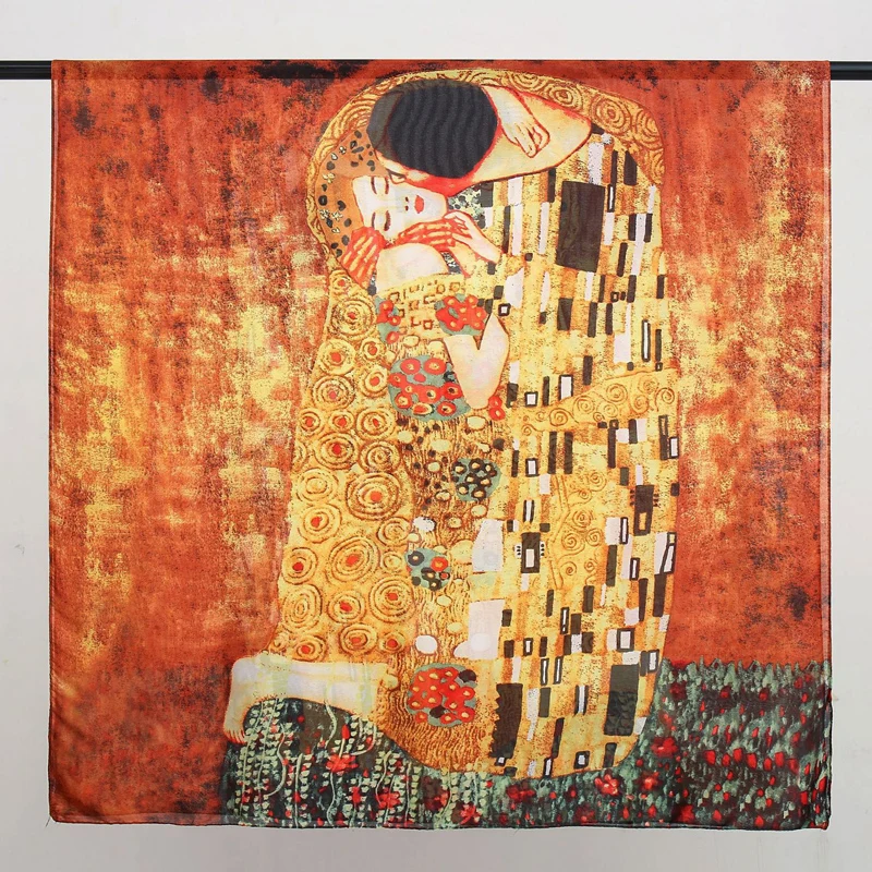 Visual Axles Gustav Klimt Oil Painting Silk Scarf The Tree Of Life Shawl Foulard for Women Bandana Spring Scarves 5