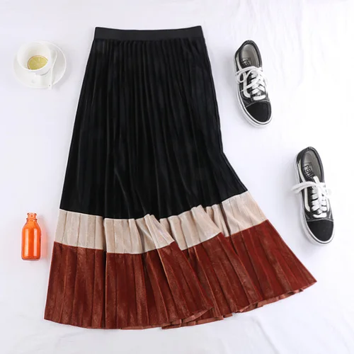 Light Brown Новая осенне-зимняя винтажная Лоскутная велюровая юбка женская модная юбка с высокой талией с панелями тонкая универсальная плиссированная юбка w840 - Цвет: Light Brown
