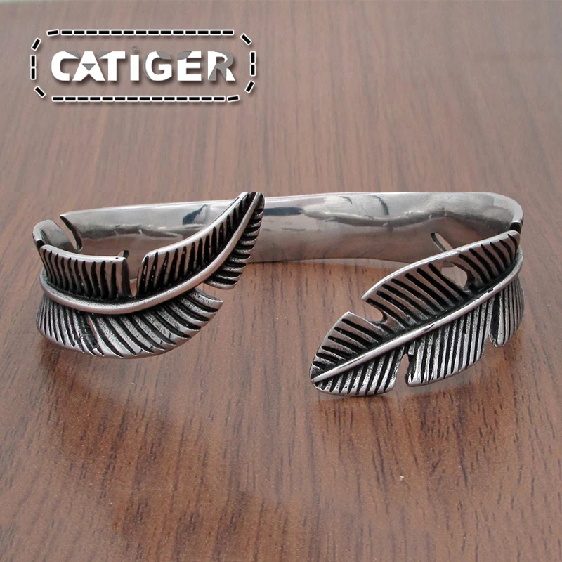 Vintage 316L Stainless Steel Feather Shape Open Cuff Bangle Bracelet For Men Or Women Classic Retro Style Rock Jewelry 2