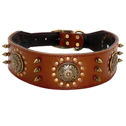 Genuine Brown Leather Spiked Studded Dog Collar - Durable and Stylish - XL (Brown)