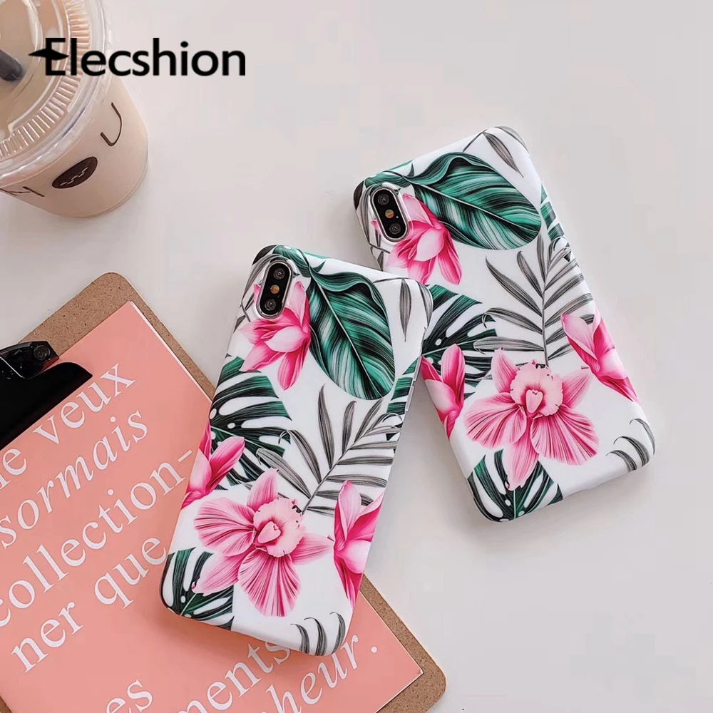 

For iPhone 7 8 Plus Simple Green Leaf Phone Case For iPhoneX Xs Flower Soft TPU Phone Cover For iPhone 6 6s Tropical Plants Case