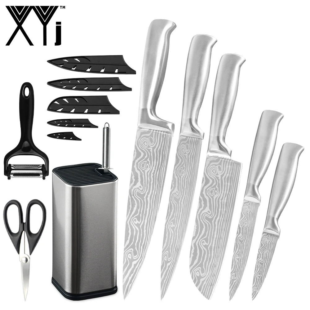 C.9pcs set XYj, 7 шт., нож из нержавеющей стали, 8 дюймов, нож для нарезки шеф-повара, 7 дюймов, Santoku, 5 дюймов, универсальный, 3,5 дюймов, нож для очистки овощей, дамасский узор, лезвие, полный инструмент Тан - Цвет: C.9pcs set