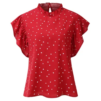 

High Quality Summer Casual Women Short Sleeve Shirts Crop Top Woman Shirt Lotus Leaf Sleeve Wave Point Woven Clothes