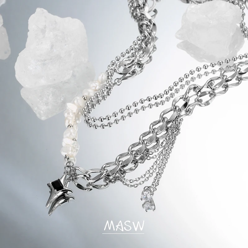 MASW Original Design Fashion Chain Necklace 2021 New Trend Two Layer Natural Pearl Glass Star Pendant Necklace Women Jewelry
