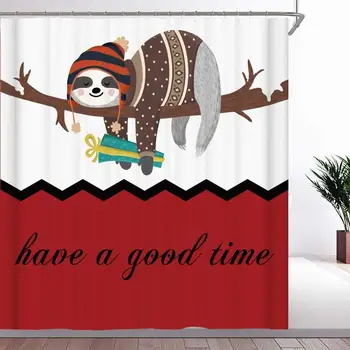 

Shower Curtain Set with Hooks Cute Sloth Get Naked Red Background Tip Black Zigzag Geometric Wavy Lines Hat Clothe Branch