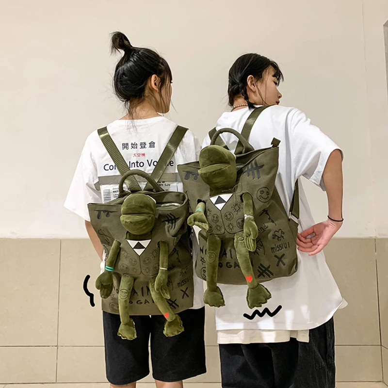 New Large Capacity 3D Frog Backpack Girls Boys College Graffiti School Bag Pure Color Fashion Canvas Handbag Casual Travel | Багаж и сумки