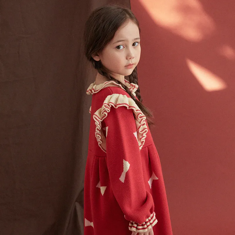 Новое осенне-зимнее вязаное платье с оборками и рукавами-крылышками для маленьких девочек, 19
