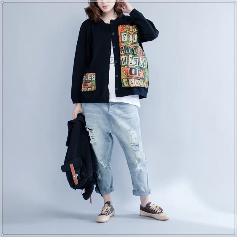 

Women Coat Spring Autumn New Print Letters Loose Round Neck Long Sleeve Jackets Single Breasted Casaco Feminino Fashion Commuter