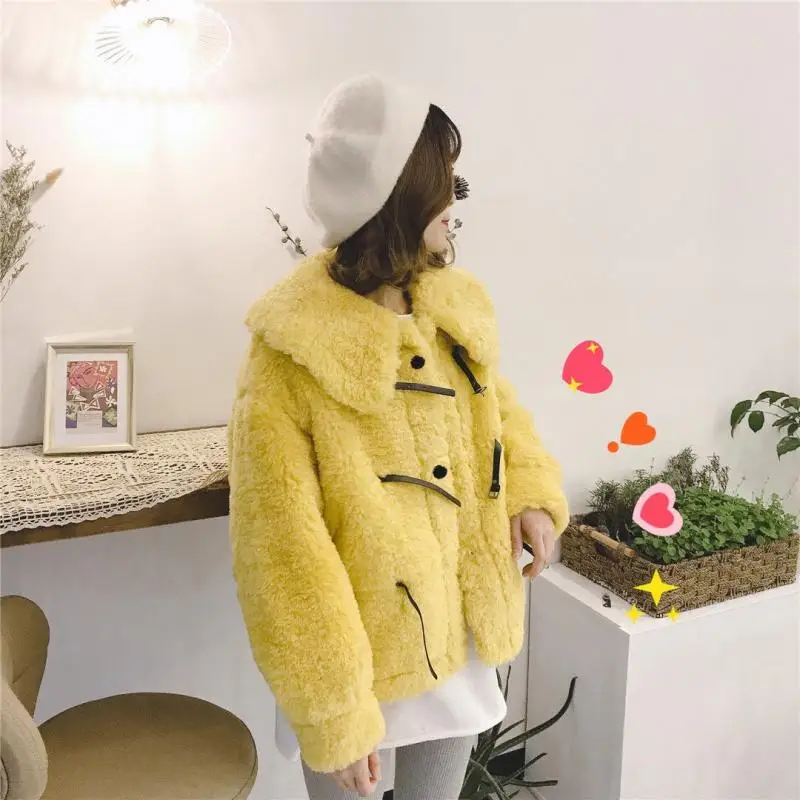 yellow Женское осенне-зимнее элегантное пальто из искусственного меха, Женская утолщенная теплая короткая повседневная куртка из овечьей шерсти, новая однотонная плюшевая верхняя одежда N157 - Цвет: yellow