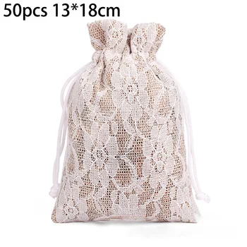

50pcs 13*18CM Burlap Lace Gift Bags W/Twine Wedding Favor Jewelry Pouch Portable Linen With Drawstring