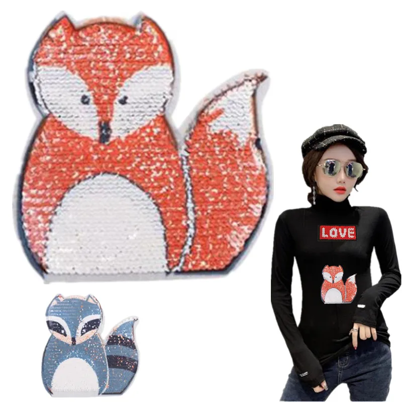 

Fox Patch Reversible change color sequins Applique for clothing Accessories Biker patches Sequins Diy Clothes Stickers Parches