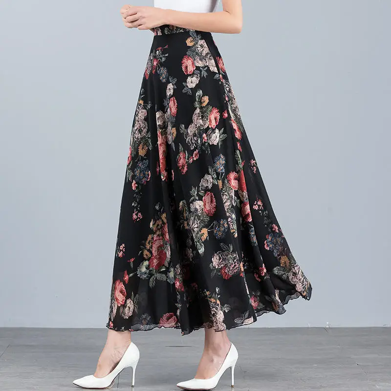 

Fashion Chiffon Skirt Femme Elegant Loose High Waist Long Skirts Womens Clothes Streetwear Print A-Line Black Skirt Faldas Q4633