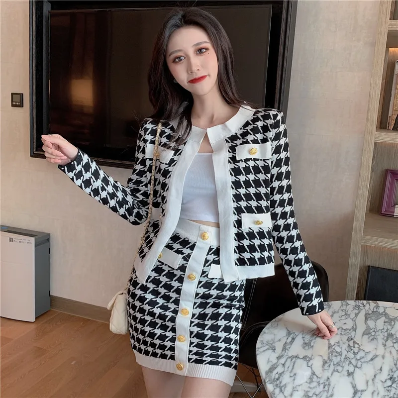 

ALPHALMODA 2019 Women's Elegant Knitting Cardigan Skirt Suit Houndstooth Knitting Sweater Top Mini Skirt 2pcs Set