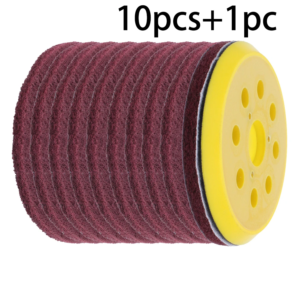 11Pcs 125mm Round Scouring Pads Discs Sand Sheets With 8 Hole Hook And Loop Disc Polish Backing Pad Scour Tools