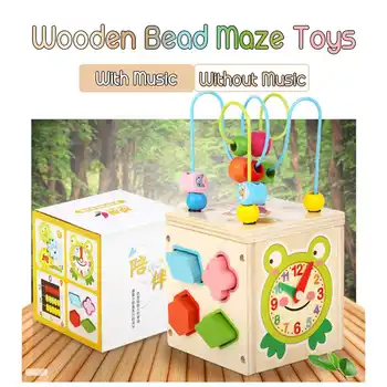 

5 in 1 Wooden Bead Toys Circles Bead Abacus Clock Puzzles Maze Learning Educational Toys Gift for Baby Children Kid with Music