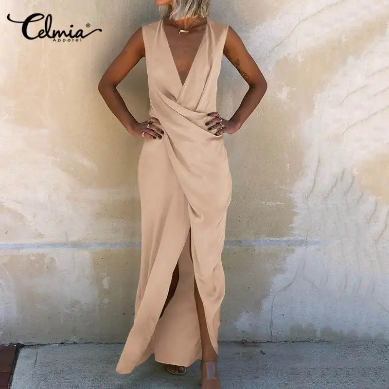 

Vintage Women Sexy V-neck Holiday Maxi Dress Celmia Summer 2020 Pleated Split Sleeveless Long Sundress Casual Loose Vestidos 5XL