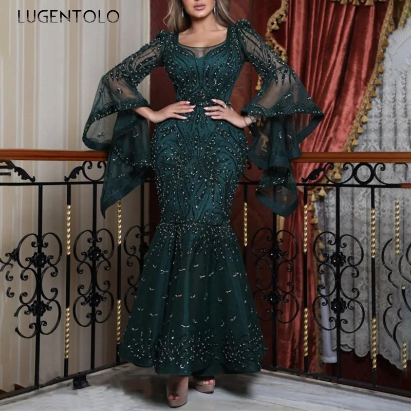 Lugentolo Maxi Party Dress Women Sheath Empire Lace Floor-Length Dark Green Sprinkle Gold with Long Sleeves Sexy Dresses | Женская