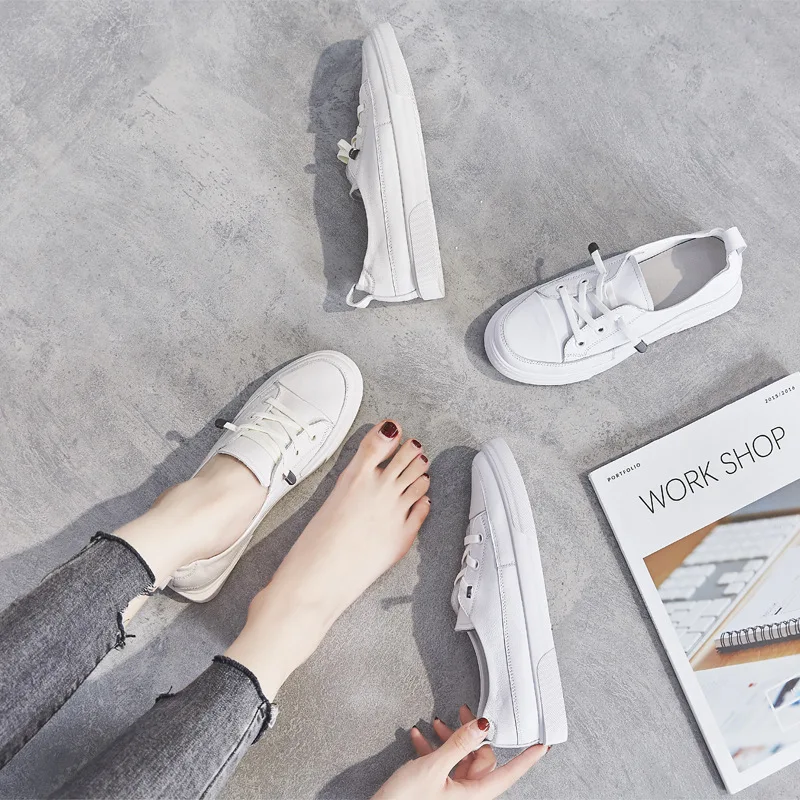 

Versatile Base White Shoes Women's Genuine Leather Spring 2019 New Style Online Celebrity Students Casual Leather Flat Shoes