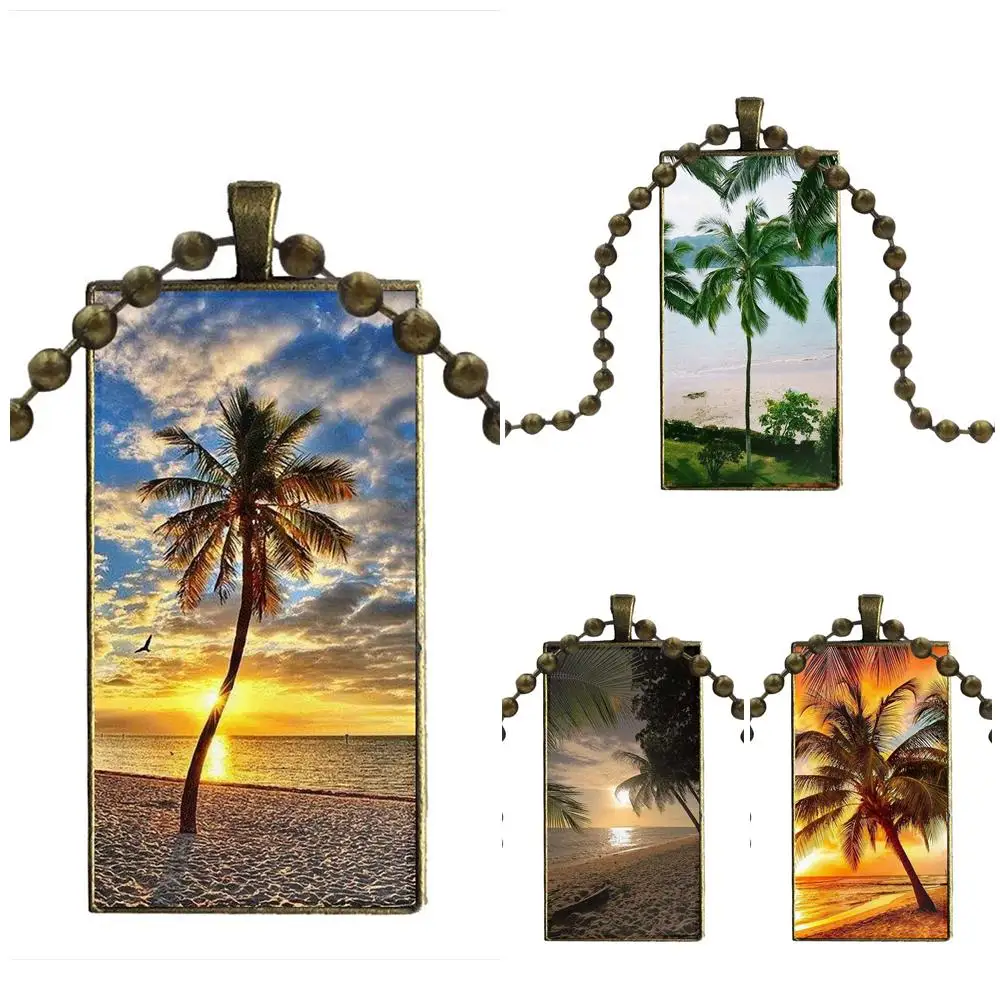 Summer Beach Scene At Sunset On The Sea And Palm Tree Necklace Fashion Long Chain With Rectangle Jewelry For Wedding | Украшения и