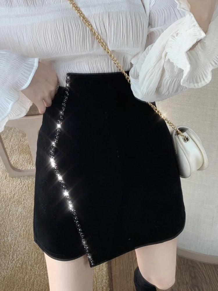 Ins CHIC Europe French Irregular Velvet Hand Bead Rhinestone Woman Velour Mini Skirt High Waist Bodycon Lady Bottom Black Winter