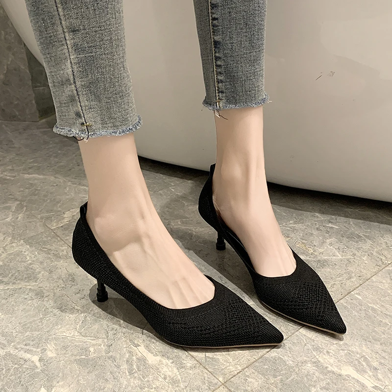 

Knitted Stretch Fabric High Heel Shoes Women Elegant Pointed Toe Breathable Women Pumps Thin High Heel Office Ladies Shoes