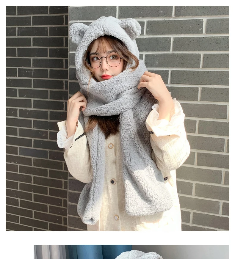 Bear ear protection hat female autumn and winter cute winter plush scarf hooded all-match Korean version to keep warm hat men's bomber hat rabbit fur