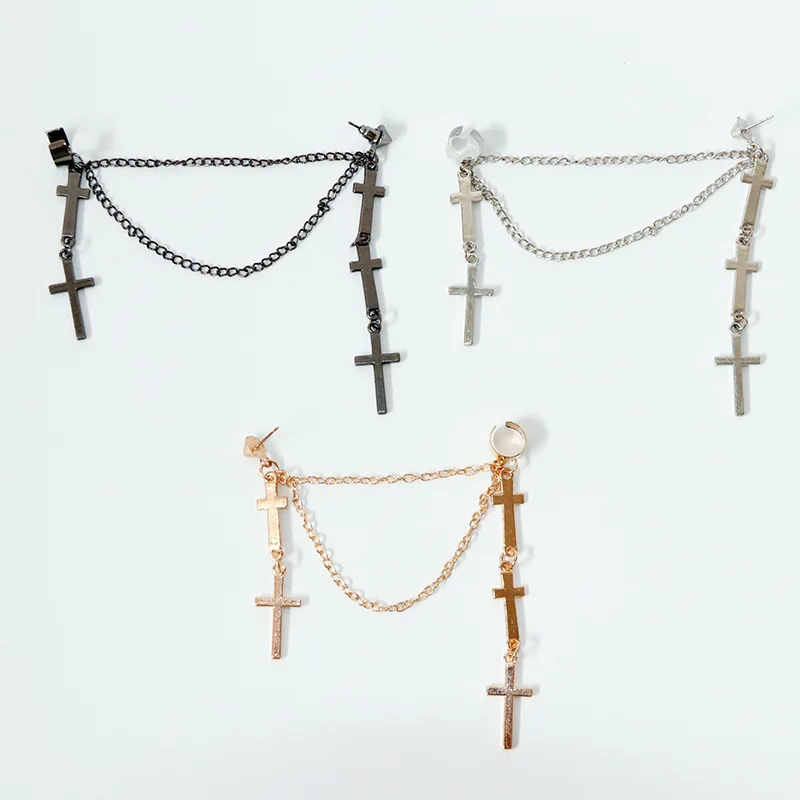 ZRM Cross Tassel Chains Ear Cuff Earrings For Women Girls Gothic Punk