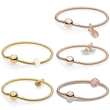 

2019 NEW 100% 925 Sterling Silver 1:1 Interwoven Halo BEE FAMILY ROOTS HANGING Pendant Glass Bead ROSE SHINE SMOOTH BRACELET Set