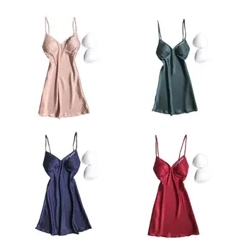 

Women Silky Sleeveless Nightdress V-Neck Stripes Embroidered Padded Sleepwear M7DD