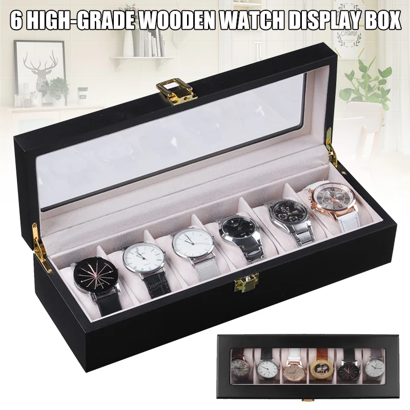 

6 Slots Watch Protective Box Wooden Case Display Organizer Elegant Storage Tray for Men Women @M23