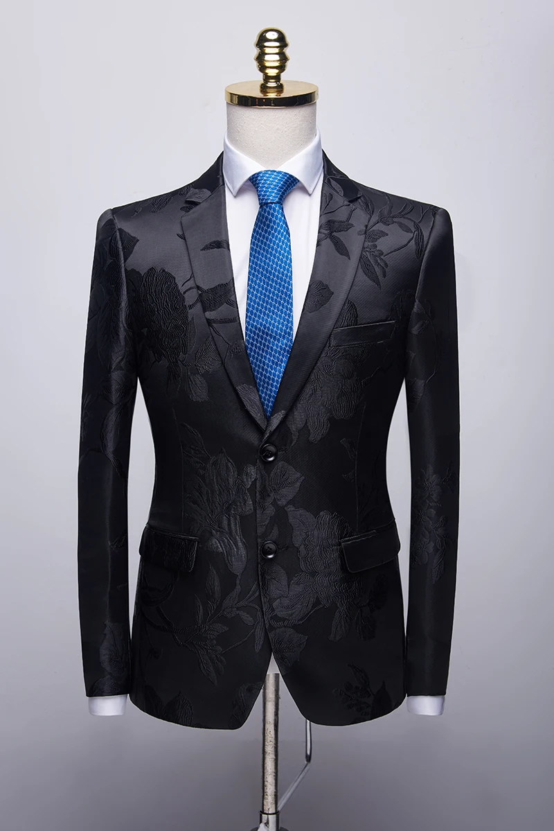 Fashion Black Floral Jacquard Men Blazer High Quality 4XL Man Blazer Casual Suit Jacket Slim Fit Groom Wedding Prom Blazers Q819