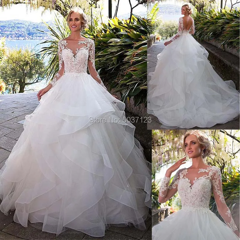 

A Line Tulle Wedding Dresses 2019 Scoop Ruffles Long Sleeves Lace Appliques Open Back Bridal Wedding Gown Vestido De Noiva