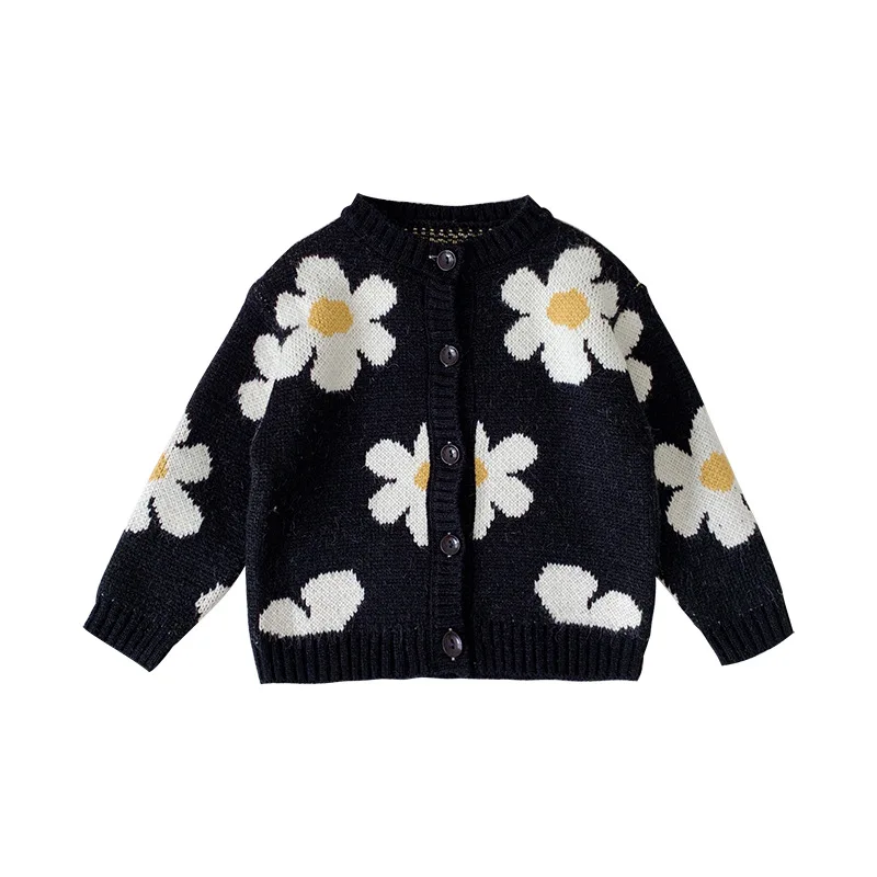 Осенние вязаные свитера с цветочным принтом для маленьких девочек, кардиган, однобортный свитер с подсолнухами для маленьких девочек