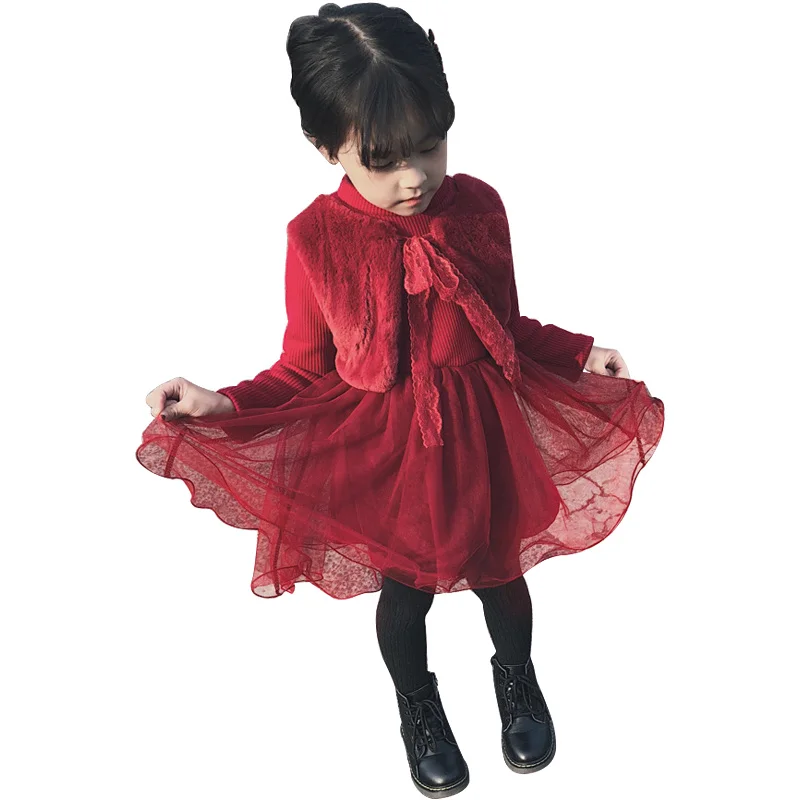 kids Spring and Autumn Wear Girls New Warm Sweater Knitwear+ Pleated Set Baby Plaid Print Knit Sweater Two-Piece Set - Цвет: Wine red