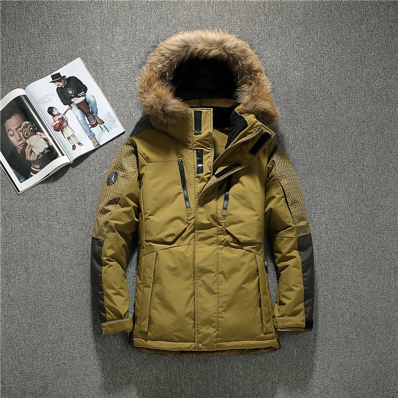Новая зимняя мужская куртка на утином пуху Мужская модная пуховая куртка с капюшоном лоскутное ветрозащитное водонепроницаемое меховое утепленное пальто с капюшоном