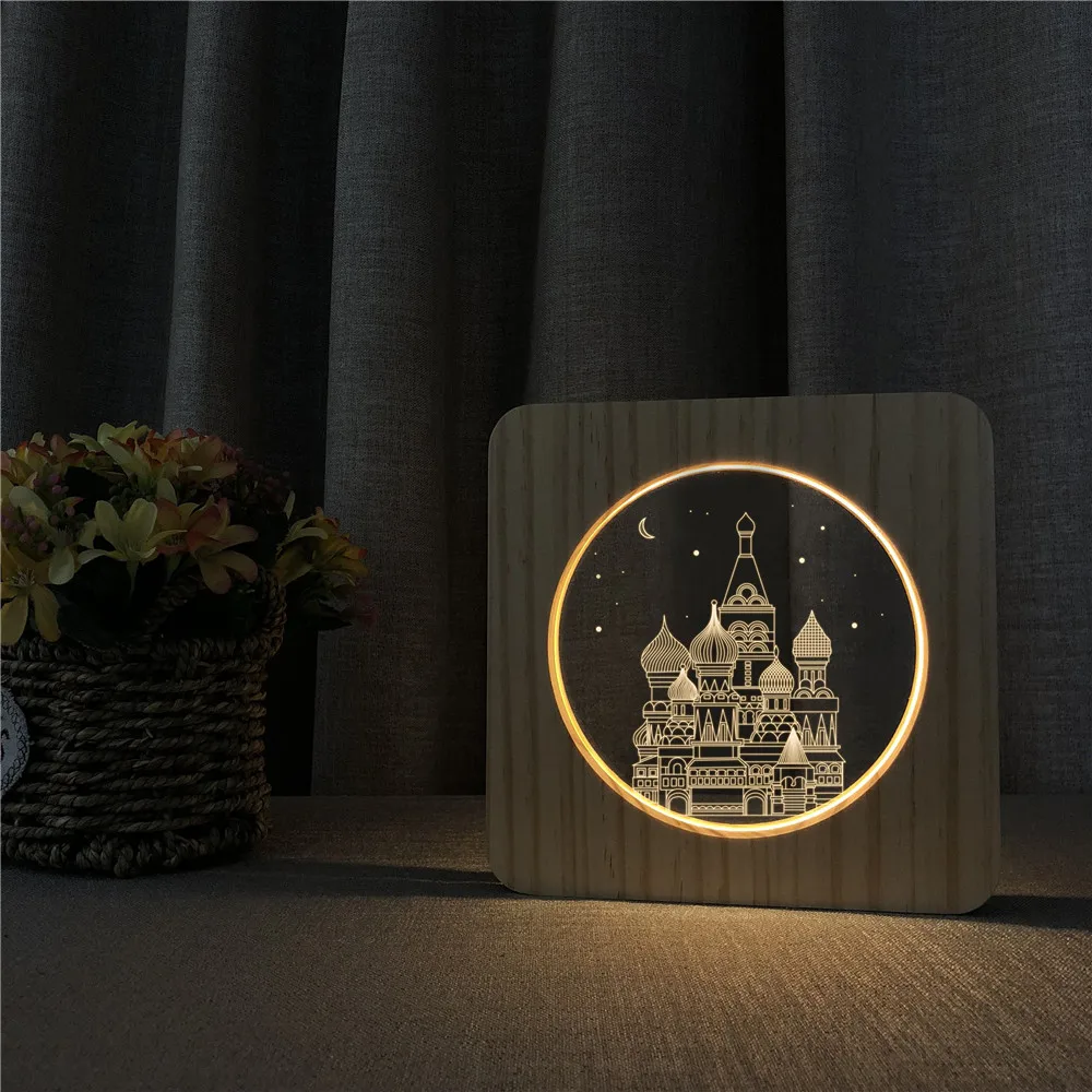 

Mosow Kremlin Building Temple 3D LED Arylic Wooden Night Lamp Table Light Switch Control Carving Lamp for Children's Gift