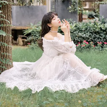 

2019 Autumn White Lace Embroidery Maxi Dress Women Off Shoulder Elegant Flare Sleeve Ladies Dress Vestidos