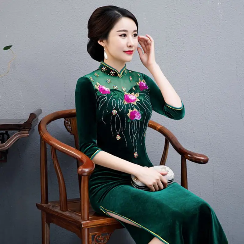 Китайское стильное длинное Чонсам ручной работы из бисера Cheongsam элегантное велюровое платье cheongsam церемониальное Ципао ретро платье