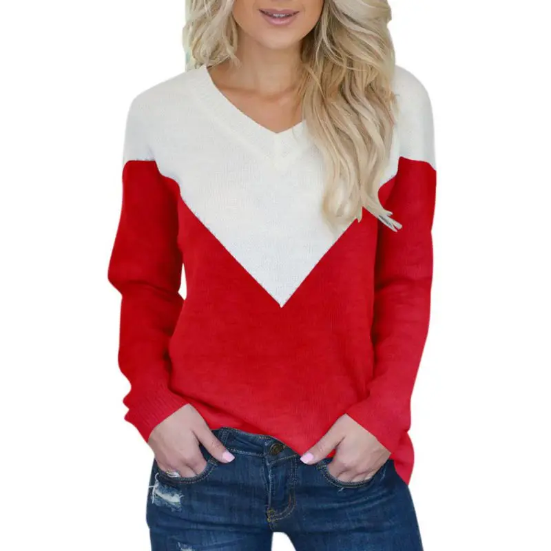 Женские свитера, вязаная осенняя одежда, лоскутный цвет, основной пуловер, женский джемпер, женские свитера с v-образным вырезом - Цвет: Красный