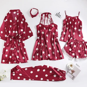 

Brand 6pcs Suit Ladies Sexy Silk Satin Pajama Set Female Lace Pyjama Set Sleepwear Autumn summer Home Wear nightwear For Women