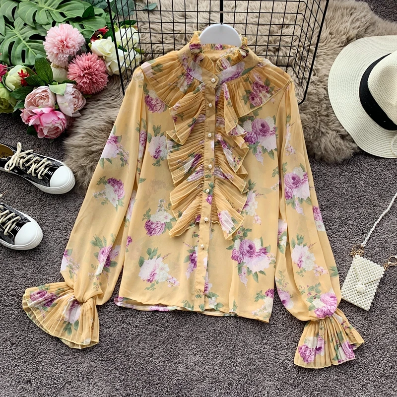 Neploe, женская шифоновая блузка, плиссированная, с оборками, из кусков, Blusas, топ, новинка, Корейская, расклешенная, с длинным рукавом, с цветочным принтом, рубашка 55846